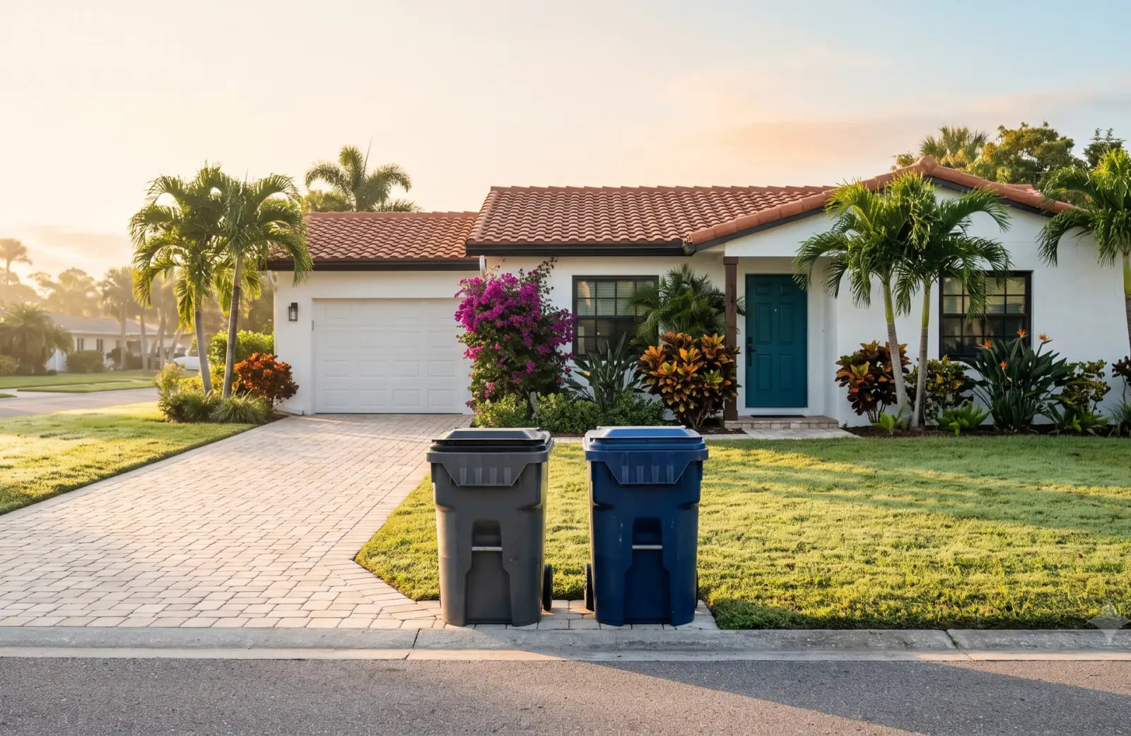 Trash and recycling cans at the curb of a Florida home