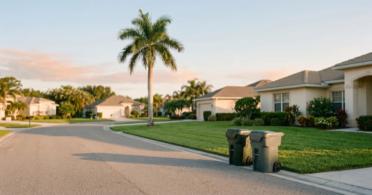 A quiet Florida cul-de-sac at golden hour, two wheeled trash bins at the curb in front of a manicured lawn with a tall palm tree